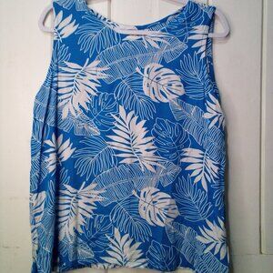 Makai Beach Hawaii Shirt Blouse Women L Sleeveless Tropical Leaves Blue White